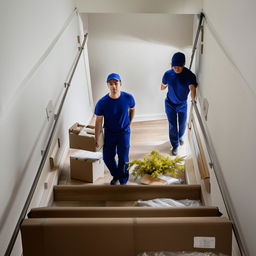 Movers carefully navigating downstairs carrying boxes and furniture from an apartment, with focus on the effort and coordination.