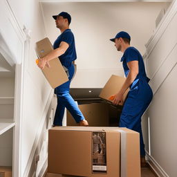 Movers carefully navigating downstairs carrying boxes and furniture from an apartment, with focus on the effort and coordination.