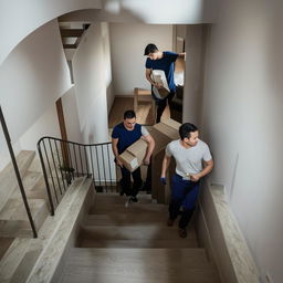 Movers carefully navigating downstairs carrying boxes and furniture from an apartment, with focus on the effort and coordination.