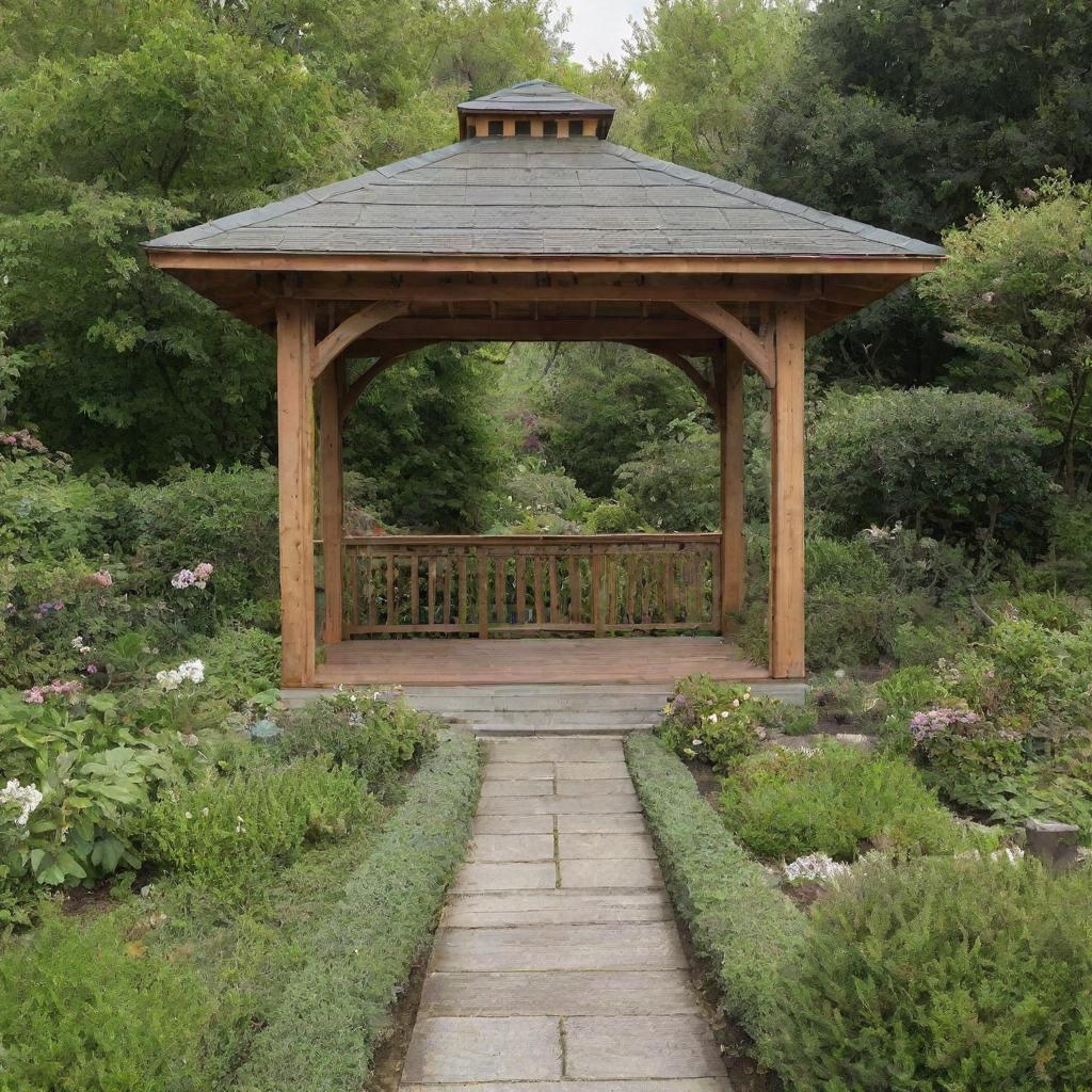 A rectangular wooden gazebo amidst a lush garden