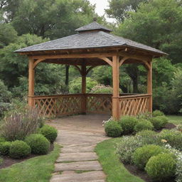 A rectangular wooden gazebo amidst a lush garden