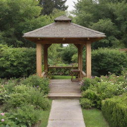 A rectangular wooden gazebo amidst a lush garden