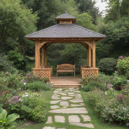 A rectangular wooden gazebo amidst a lush garden