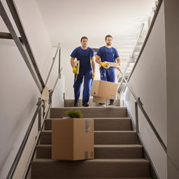 Movers carefully navigating downstairs carrying boxes and furniture from an apartment, with focus on the effort and coordination.