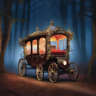 As the enchanted carriage raced through the night, its taillights illuminated the dark forest.