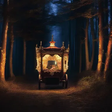 As the enchanted carriage raced through the night, its taillights illuminated the dark forest.