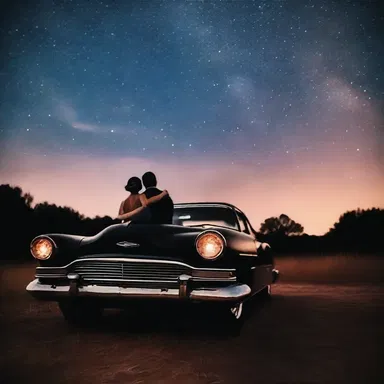 Under the starry sky, they stood in awe as their car's taillights created a romantic ambiance.