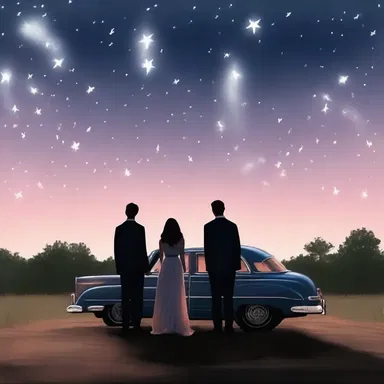 Under the starry sky, they stood in awe as their car's taillights created a romantic ambiance.