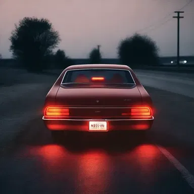 The author described the fleeing character's car as having taillights that faded into the distance like a red beacon.