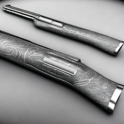 A digital art image showcasing a double barrel shotgun with tribal patterns intricately etched on its metallic surface