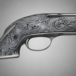 A digital art image showcasing a double barrel shotgun with tribal patterns intricately etched on its metallic surface