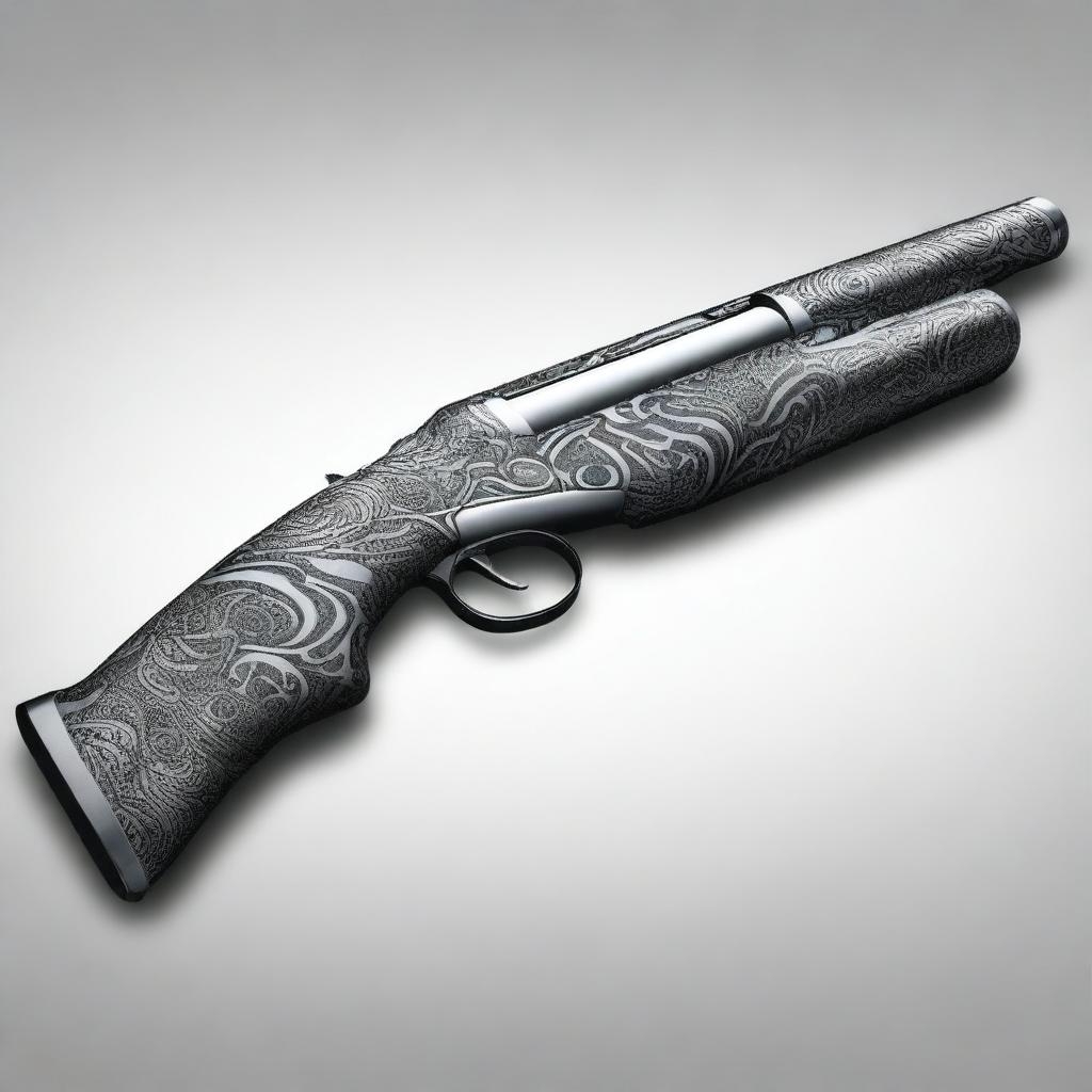 A digital art image showcasing a double barrel shotgun with tribal patterns intricately etched on its metallic surface