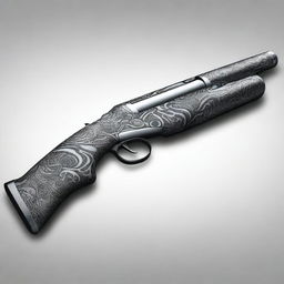 A digital art image showcasing a double barrel shotgun with tribal patterns intricately etched on its metallic surface