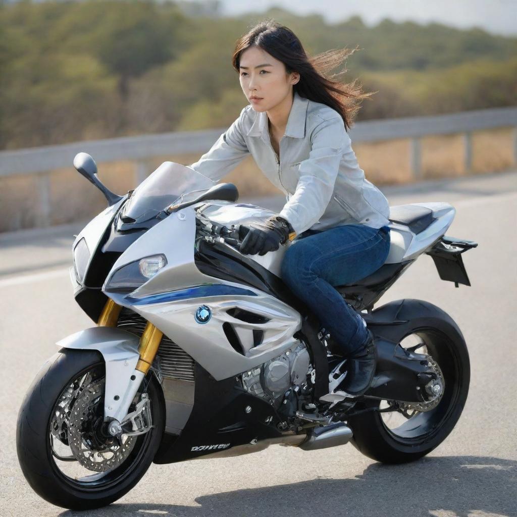 A young Japanese girl, wearing casual attire, riding a sleek, silver BMW S1000 RR motorcycle on a sunny day. She appears focused and in control.