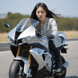 A young Japanese girl, wearing casual attire, riding a sleek, silver BMW S1000 RR motorcycle on a sunny day. She appears focused and in control.