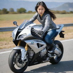 A young Japanese girl, wearing casual attire, riding a sleek, silver BMW S1000 RR motorcycle on a sunny day. She appears focused and in control.