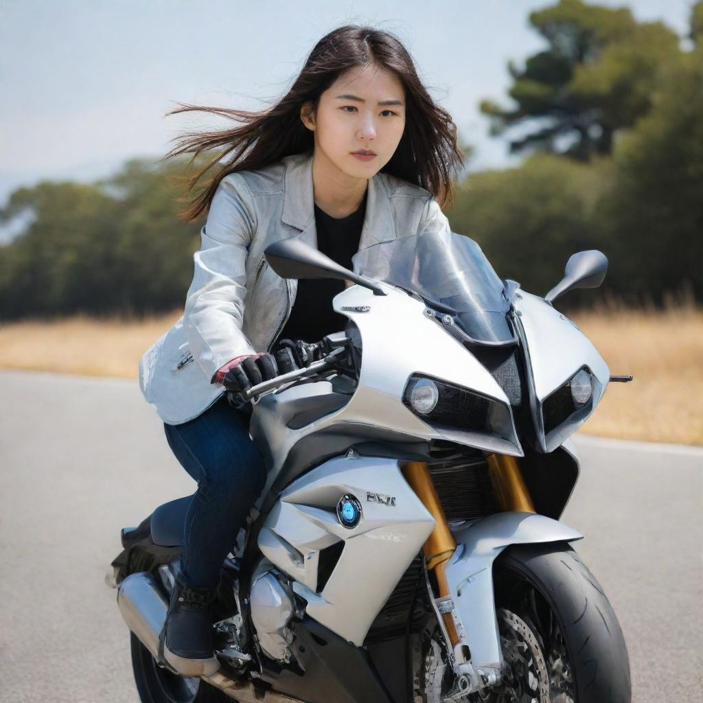 A young Japanese girl, wearing casual attire, riding a sleek, silver BMW S1000 RR motorcycle on a sunny day. She appears focused and in control.