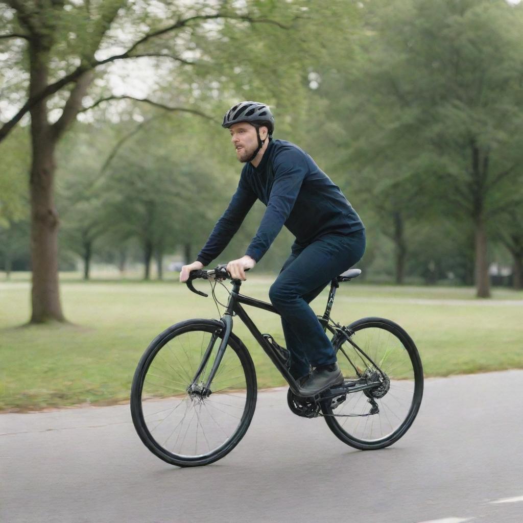 A person riding a bicycle in a dynamic outdoor setting