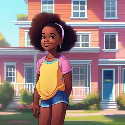 A high-quality digital art image featuring a young black girl standing near a house