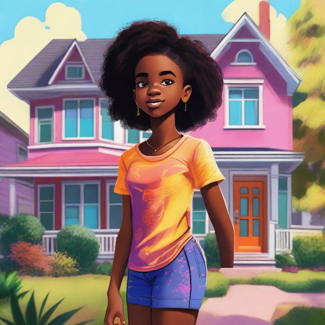 A high-quality digital art image featuring a young black girl standing near a house