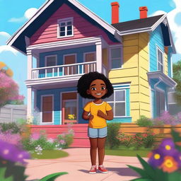 A high-quality digital art image featuring a young black girl standing near a house