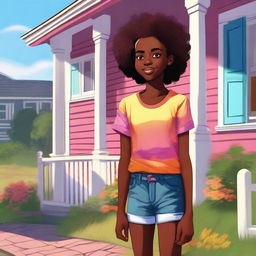 A high-quality digital art image featuring a young black girl standing near a house