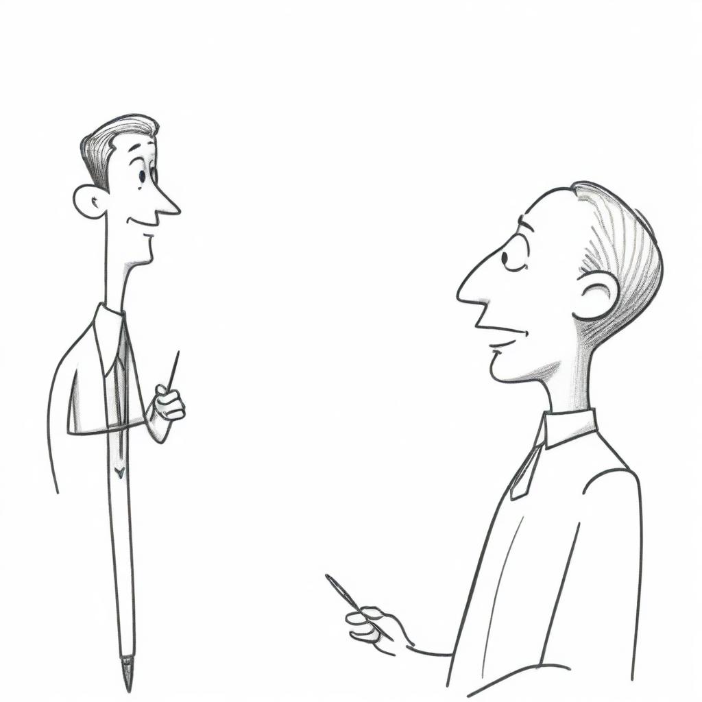 A cartoon-styled image of a man having a conversation with an anthropomorphized ball-point pen.