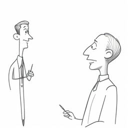 A cartoon-styled image of a man having a conversation with an anthropomorphized ball-point pen.