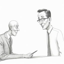 A cartoon-styled image of a man having a conversation with an anthropomorphized ball-point pen.