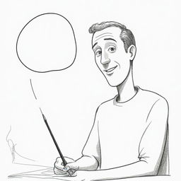 A cartoon-styled image of a man having a conversation with an anthropomorphized ball-point pen.