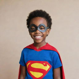 A young black boy wearing a playful superhero mask, standing confidently with a joyful smile.