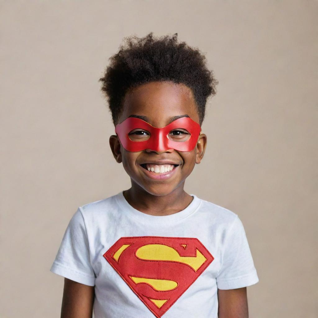 A young black boy wearing a playful superhero mask, standing confidently with a joyful smile.