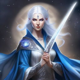 This digital art features a Moon Elven Bladesinger woman from Dungeons and Dragons