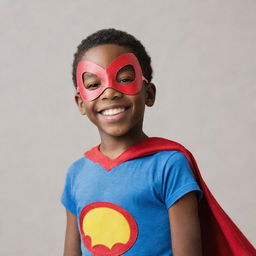 A young black boy wearing a playful superhero mask, standing confidently with a joyful smile.