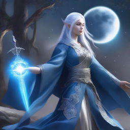 This digital art features a Moon Elven Bladesinger woman from Dungeons and Dragons