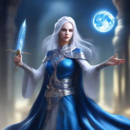 This digital art features a Moon Elven Bladesinger woman from Dungeons and Dragons