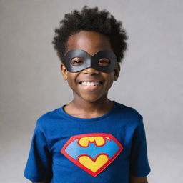 A young black boy wearing a playful superhero mask, standing confidently with a joyful smile.