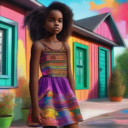 This is a high-quality digital art representation of a young black girl in a dress standing next to a house