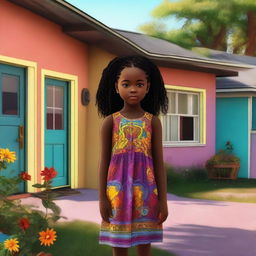 This is a high-quality digital art representation of a young black girl in a dress standing next to a house