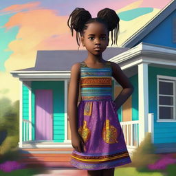 This is a high-quality digital art representation of a young black girl in a dress standing next to a house