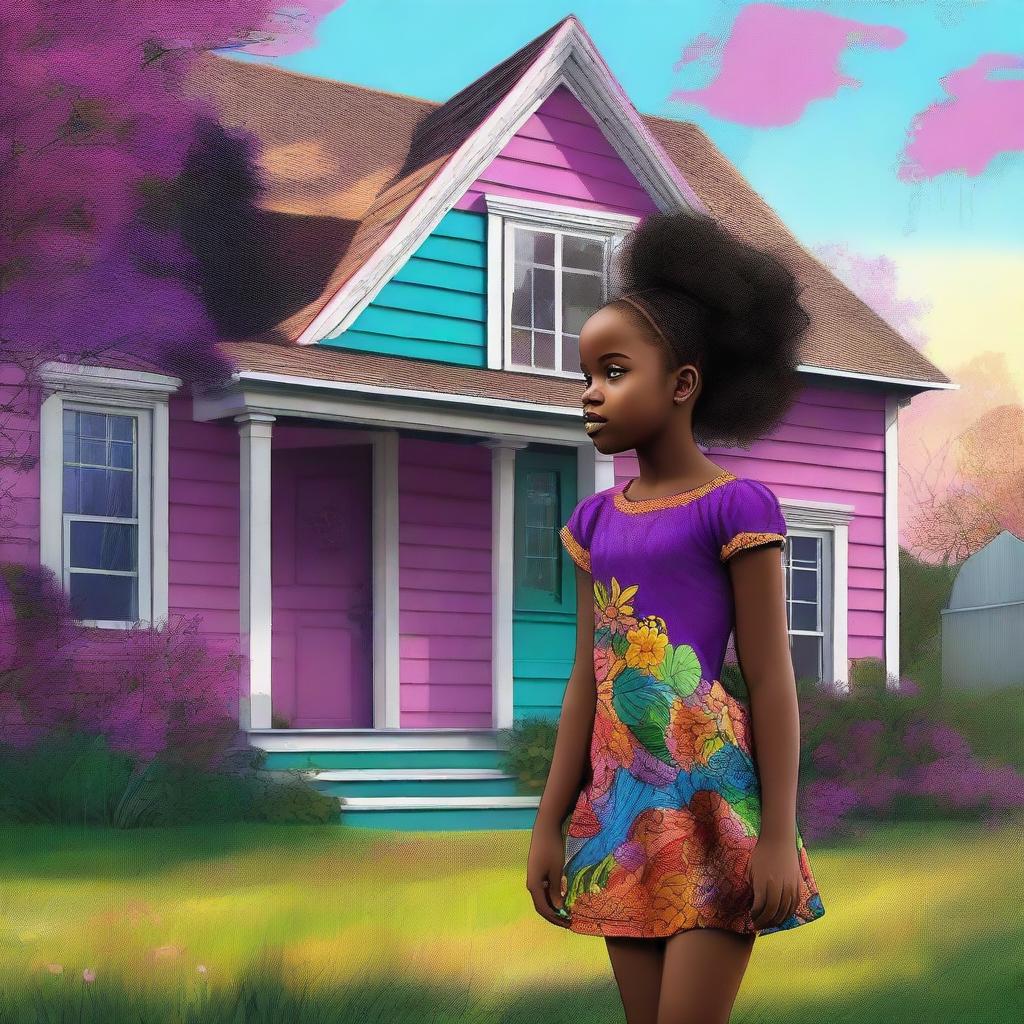 This is a high-quality digital art representation of a young black girl in a dress standing next to a house