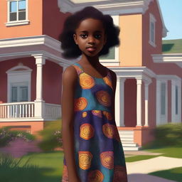 A high-quality digital art image portrays a young black girl in a dress standing beside a house