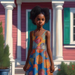 A high-quality digital art image portrays a young black girl in a dress standing beside a house