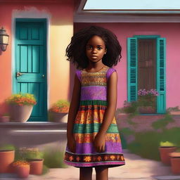 A high-quality digital art image portrays a young black girl in a dress standing beside a house