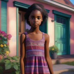 A high-quality digital art image portrays a young black girl in a dress standing beside a house