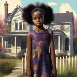 This is a detailed digital art image presenting a young black girl in a dress standing next to a house