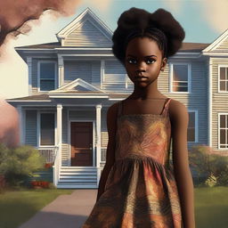 This is a detailed digital art image presenting a young black girl in a dress standing next to a house