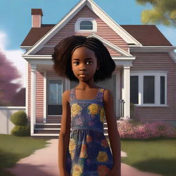 This is a detailed digital art image presenting a young black girl in a dress standing next to a house