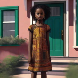 This is a detailed digital art image presenting a young black girl in a dress standing next to a house