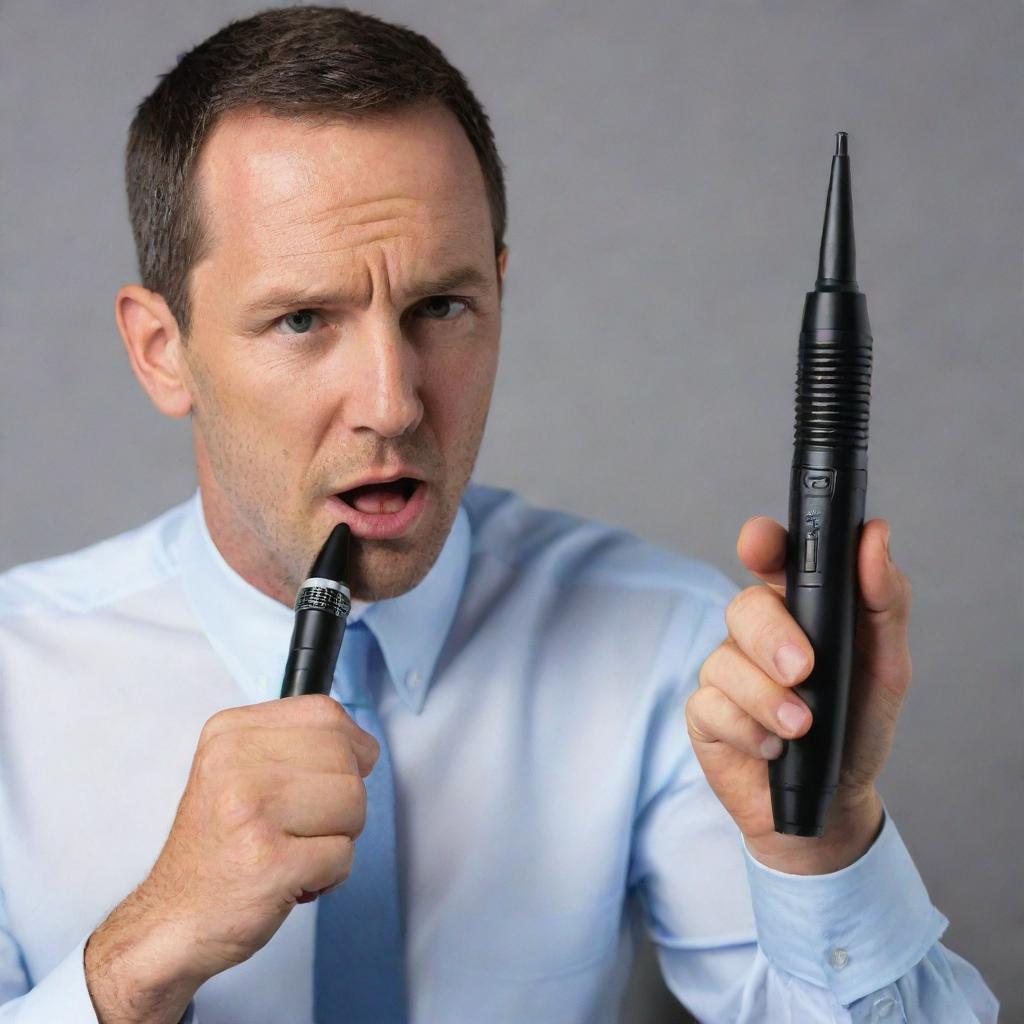 An image of a man speaking into a pen that is designed as a novelty walkie-talkie, depicted in a realistic style.